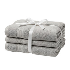Stack of three soft gray towels tied with a crisp white ribbon, perfect for modern home decor, luxurious bathroom aesthetics, spa branding, or hotel amenities.