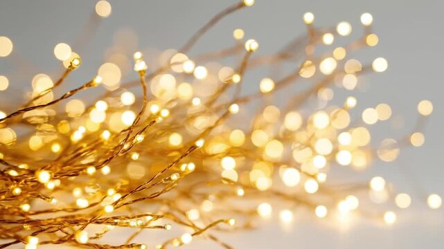 A close-up of warm golden fairy lights on a thin wire with a shallow depth of field creating a soft bokeh effect against a plain light background