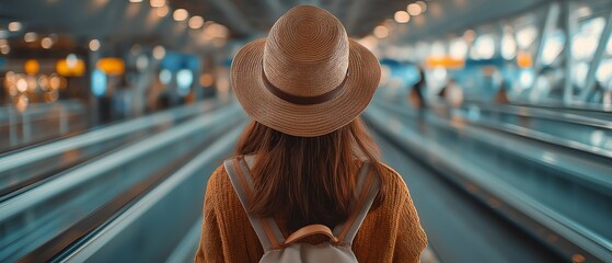 Asian tourist lady standing on a moving walkway in an airport terminal with a basic luggage