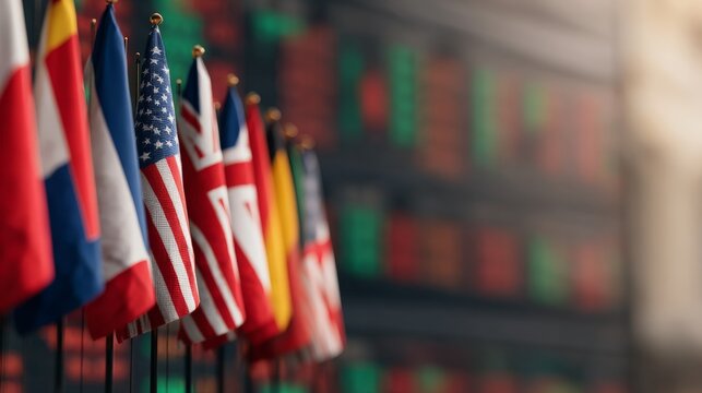 International Economic Policy, Flags representing various countries in front of a financial display. - Powered by Adobe