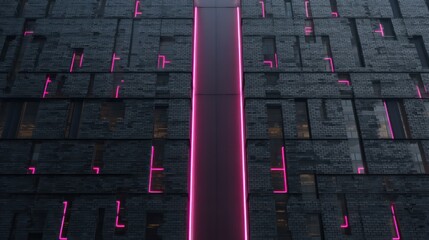Dark graphite facade with pink LED strips forming a digital circuit pattern edge lighting with high contrast natural