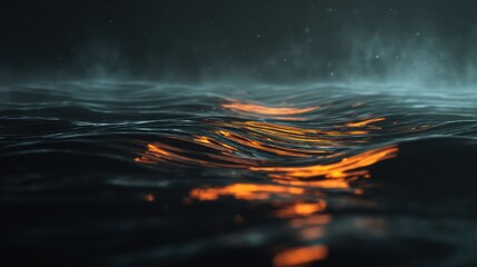 Dark liquid surface with rippling concentric waves reflecting faint eerie orange glow Subtle fog adds volumetric depth above