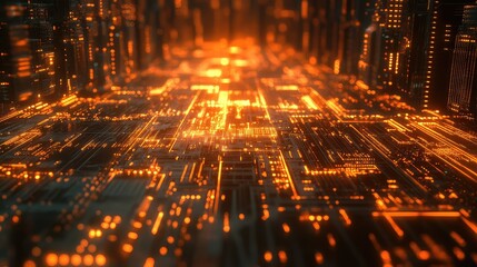 Digital information processing in glowing abstract circuit board