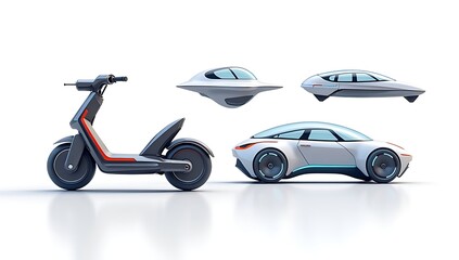 Fototapeta premium Unique clipart of futuristic transportation—hover scooter, compact flying pod, electric mono-wheel, capsule taxi—sleek geometric shapes.