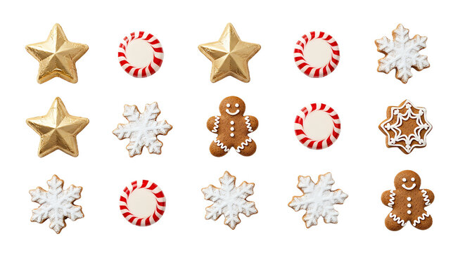 Festive holiday treats featuring golden stars, snowflakes, gingerbread men, and peppermint candies create a joyful seasonal celebration perfect for winter.