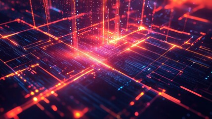Digital circuit board with glowing data lines and connections