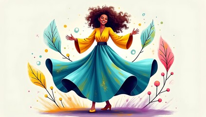 A lively figure dancing freely in a colorful wind, long dress swirling in expressive strokes, surrounded by playful abstract shapes.