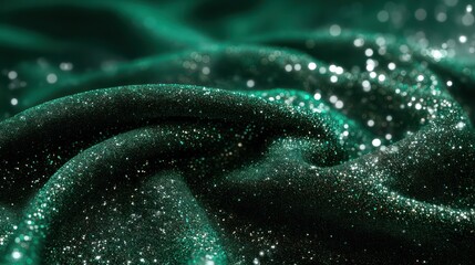 Deep emerald velvet background adorned with shimmering silver sparkles studio lighting grazing folds for dimensional depth shadows crisp