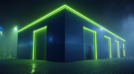 Deep navy architectural facade with vibrant lime green LED rings framing corners low-key lighting setup with dramatic contrast