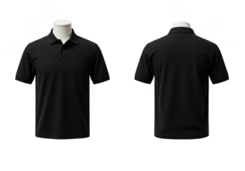Black polo shirt front and back view isolated on transparent background