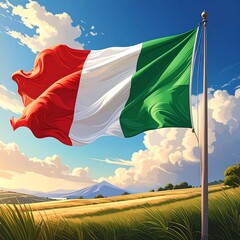 A vibrant flag with red, white, and green stripes waves proudly in a sunny sky over a golden field and distant mountains