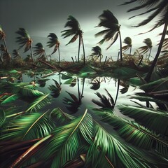 Post Tropical Storm Palm fronds lie submerged their reflections