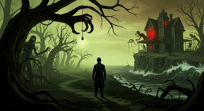 Man Walks Towards Creepy Haunted House by Sea