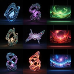 Abstract Glowing Sculptures and Cosmic Nebulae Digital Art.