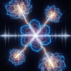 Abstract glowing fractal flowers connected by energy pulses and sound waves.