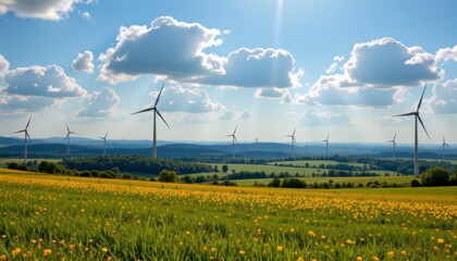 Scenic landscape featuring wind turbines amidst green fields and bright blue sky with fluffy clouds
