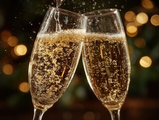 Two champagne flutes clinking in a toast with festive bokeh background, Elegant champagne toast at a Christmas or New Year's Eve party