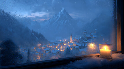 Moonlit Winter Mountain Village with Glowing Windows and Cinematic Fantasy Atmosphere