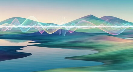 Abstract Soundwave Visualization Over Serene Mountain Landscape.