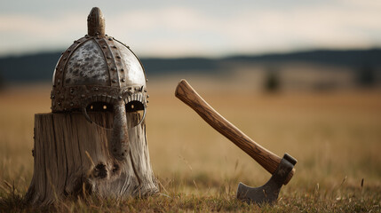 viking. Weathered Viking helmet beside wooden stump with embedded axe. event programs, museum guides, designed for cultural heritage projects and event programs, used by lab technicians.