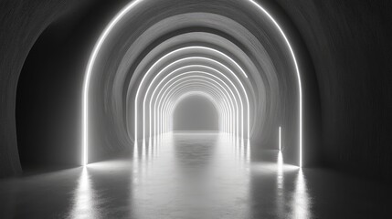 Obraz premium Futuristic concrete tunnel with arching white light lines