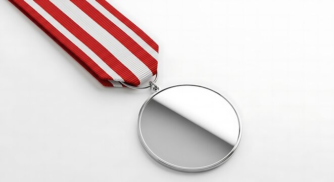 A silver medal with a red and white striped ribbon against a white background, symbolizing achievement and recognition