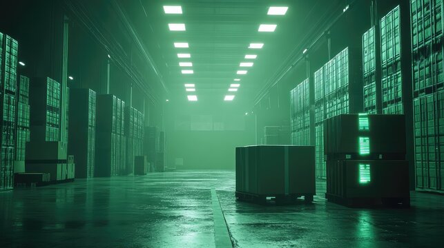 Futuristic green warehouse storing packed goods on pallets