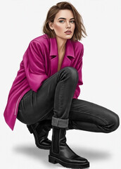 Fototapeta premium Fashion illustration of winter wear, perfect for boutique, clothing company, Full-length vector illustration of a fashionable young brunette woman crouching in a trendy oversized pink jacket,
