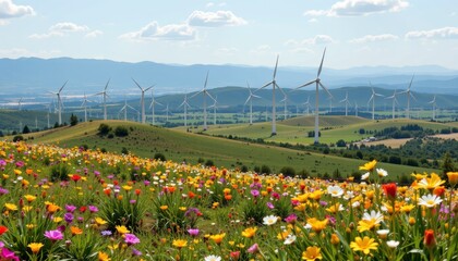 Lush Wildflower Field with Wind Turbines Against a Scenic Mountain Landscape in Bright Summer Sunlight