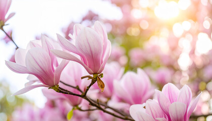 Obraz premium Magnolia tree blossom in spring, soft blurred background with sunshine,AI. 