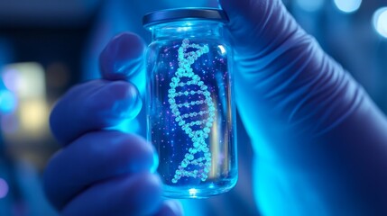 Close-up of biotechnologist's gloved hands holding crystalline glass phial with 3D visualization of viral RNA mutation floating within, intricate detail of double helix structure with visible