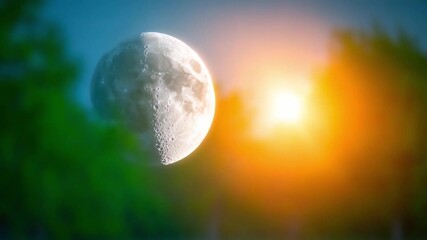 Celestial Harmony: The moon and sun share the sky, creating a beautiful juxtaposition in the celestial sphere. Their radiant presence illuminates the natural world, fostering a sense of awe. - Powered by Adobe