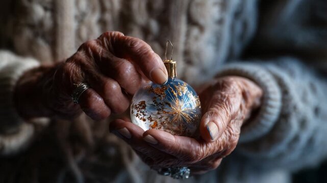 An elderly person's hands delicately hold a beautifully crafted ornament, reflecting warmth and nostalgia, capturing the essence of cherished holiday traditions and memories intertwined in time.