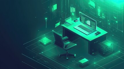 Digital office desk showing cybersecurity and data management concept