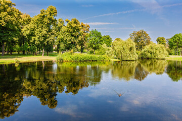 Friedensteich, the Pond of Peace outside Friedenskirche, the Church of Peace. Peaceful area of Sanssouci Park, Potsdam, Germany.