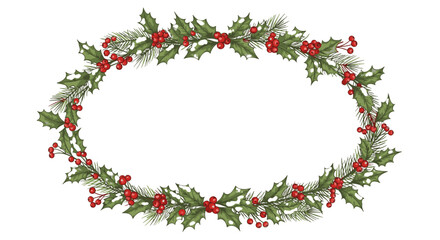 Oval Christmas wreath with holly, red berries, and pine needles, festive holiday decoration. © Jangkrik