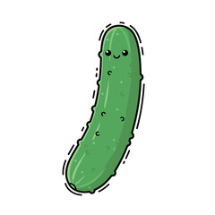 Happy Smiling Whole Green Cucumber with Bumps, Cute Cartoon Vector Illustration in a Hand-Drawn Doodle Style for Salad, Pickles, and Healthy Vegetable Concepts