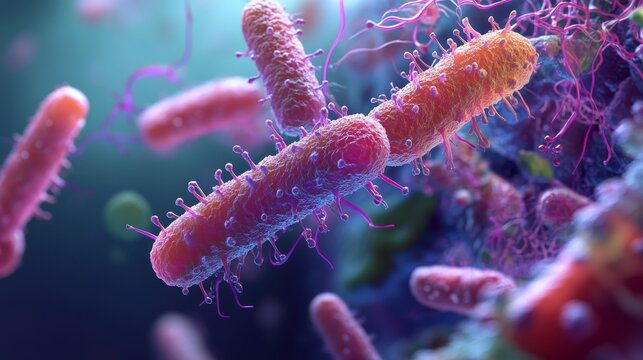 Ultra-detailed 3D visualization of diverse Enterobacteriaceae family bacteria including E. coli, Klebsiella, and Salmonella, showing their characteristic rod-shaped morphology and cellular components