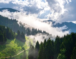 A vibrant forest scene where clouds cascade across mountain slopes. Sunlight breaks through, illuminating the green valleys and peaks