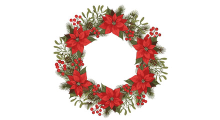 A beautiful hexagonal Christmas wreath adorned with red poinsettias, pine needles, and red berries.