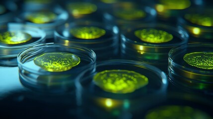 Colony of cells multiplying across petri dish surface, varied stages of cell division captured simultaneously, subtle green fluorescent protein markers illuminating new growth, dramatic side lighting