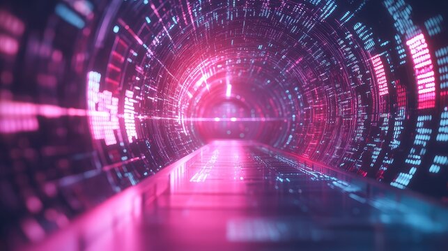 Digital data flowing through abstract futuristic neon tunnel