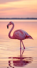 Fototapeta premium Elegant pink flamingo wading in calm water at sunset.