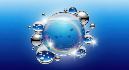 Captivating underwater world captured within shimmering bubbles, a vibrant aquatic scene with fish and coral, inspiring wonder and serenity.