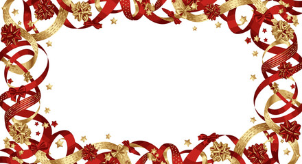 Festive frame featuring red and gold ribbons, bows, and small star-shaped confetti, perfect for holiday decorations.