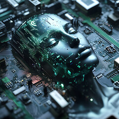 Futuristic Cyberpunk AI Face with Digital Circuitry and High-Tech Machine Elements