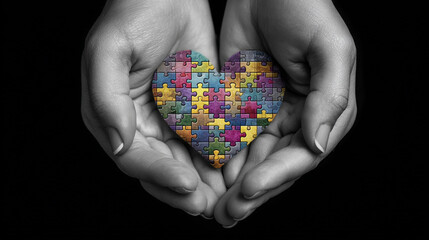 Hands holding a heart shaped puzzle in black and white image.