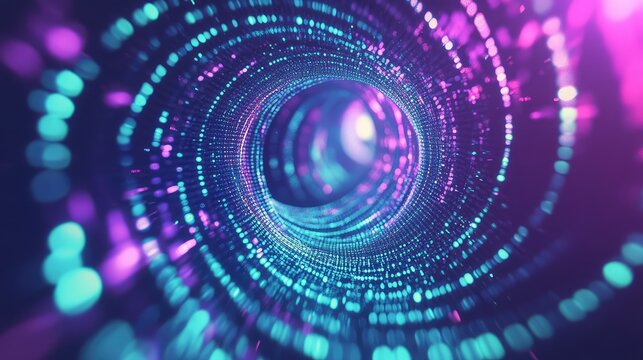 Digital data tunnel vortex with glowing particles - Powered by Adobe