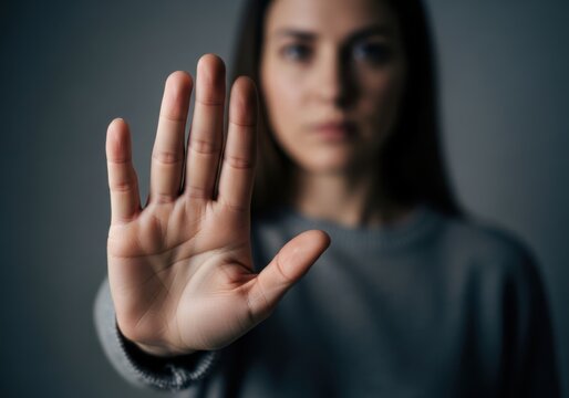 Closeup of a womans face, out of focus, with her hand raised in a clear stop gesture, conveying a message of refusal and boundaries