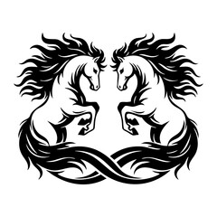 Symmetrical rearing horse silhouettes with intertwined flowing tails
